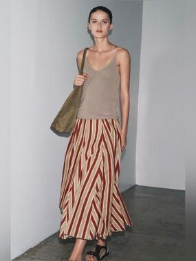 Zara Striped A-Line Maxi Skirt in Beige & Rust